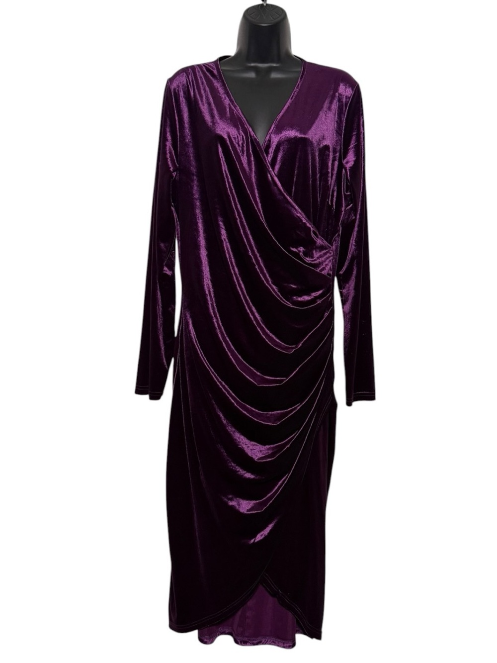 DIRASS Royal Purple Velvet Ruched Long Sleeve V-Neck Midi Dress Size XL